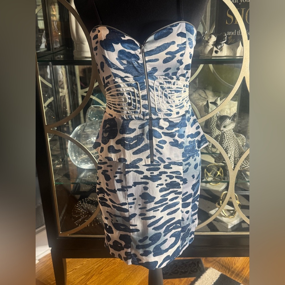 XOXO Blue and White Strapless Peplum Mini Dress